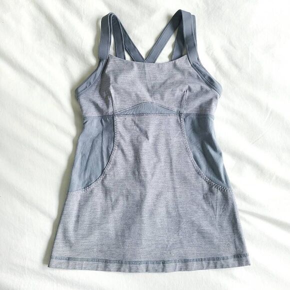 Lululemon Chaturanga Tank Top Women Blue Heathered Fossil Racerback Built-In Bra - Picture 1 of 6